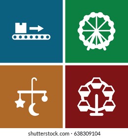 Carousel icons set. set of 4 carousel filled icons such as ferris wheel, bed mobile, luggage scan