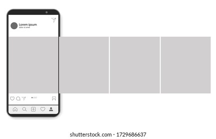 Carousel interface post on social network. Mock up of smartphone. Mobile application on the screen of realistic phone. Vector illustration on white background.