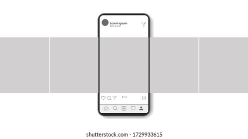 Carousel interface post on social network. Mock up of smartphone. Mobile application on the screen of realistic phone. Vector illustration on white background.