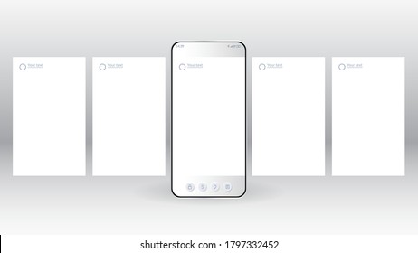 Carousel Interface Post On Social Network. Phone Mockup On White Background. Minimal Design. Stories Frame. Social Media Mobile App Page Template. Vector