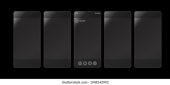 Publicación de interfaz de carrusel en redes sociales. Estilo de glasmorfismo. Sondeo de pantalla de cristal en el fondo negro. Diseño mínimo. Marco de historias. Plantilla de la página de la aplicación móvil de medios sociales. Vector