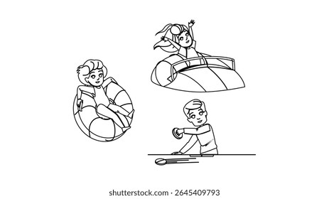 carousel kid amusement park vector. playground slides, swings games, adventure excitement carousel kid amusement park character. people black line pencil drawing illustration