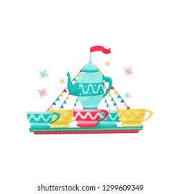 Carousel with large tea kettle and cups. Amusement park equipment. Entertainment theme. Flat vector design