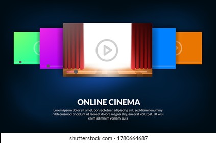 Carousel Of List Film For Online Streaming Video Cinema Concept With Red Curtain Stage Show For Film Preview With Dark Background