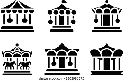 Carousel merry go round amusement park horse ride icon vector set