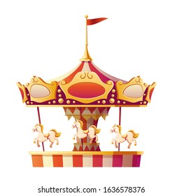 Carousel merry go round with horses isolated on white background. Amusement carnival park, fair entertainment and family recreation vintage object, party. Cartoon vector illustration, icon, clip art