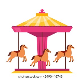 Carousel merry go round with horses. Amusement carnival park, fair entertainment and family recreation vintage object. Vector illustration