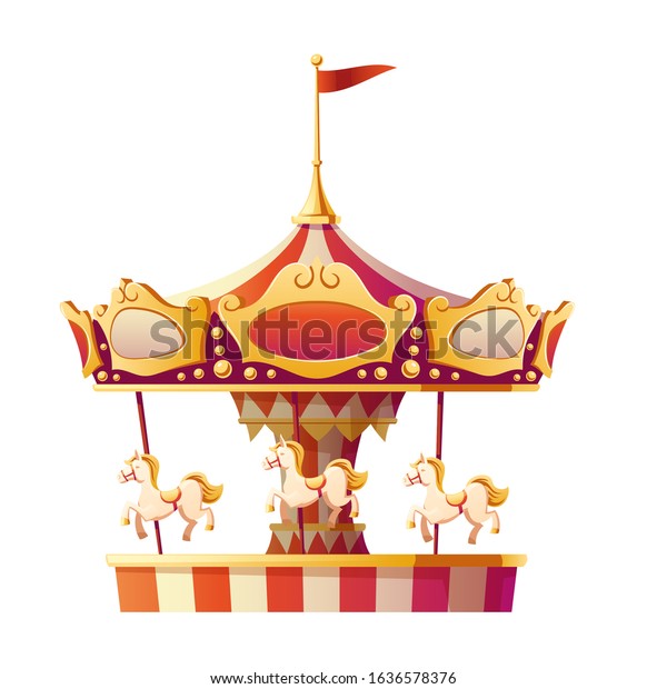 Carousel merry go round with horses isolated on white
background. Amusement carnival park, fair entertainment and family
recreation vintage object, party. Cartoon vector illustration,
icon, clip art