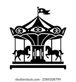 Carousel in minimalist style, amusement park, , vector illustration for stencil, black silhouette on transparent background.