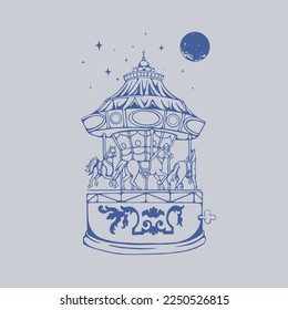 Carousel and moon vintage line art