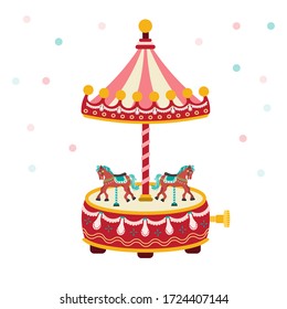 Carousel music box with horse. Wind Up Horse Roundabout Carousel Musical Box. Suitable as a gift for Valentine's Day. flat design cartoon concept. Vintage theme park style. vector, illlustation