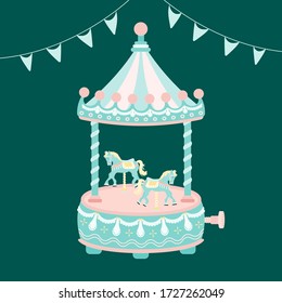 Carousel Music Box With Horse. Wind Up Horse Roundabout Carousel Musical Box. Suitable As A Gift For Valentine's Day. Flat Design Cartoon Concept. Vintage Theme Park Style. Vector, Illlustation