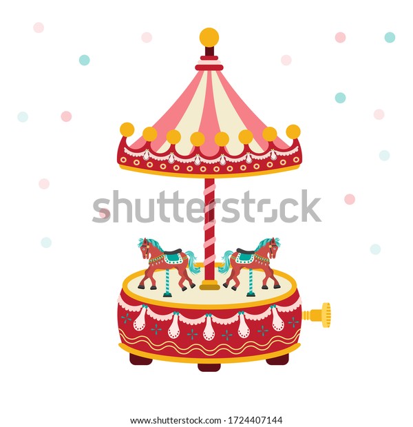 Carousel music box with horse. Wind Up Horse\
Roundabout Carousel Musical Box. Suitable as a gift for Valentine\'s\
Day. flat design cartoon concept. Vintage theme park style. vector,\
illlustation