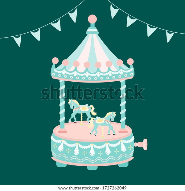 Carousel music box with horse. Wind Up Horse
Roundabout Carousel Musical Box. Suitable as a gift for Valentine's
Day. flat design cartoon concept. Vintage theme park style. vector,
illlustation