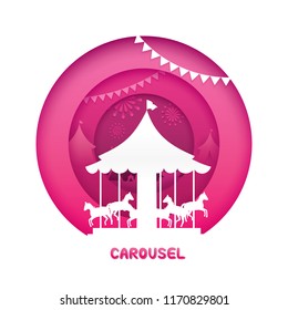 Carousel with paper cut style. Vector illustration of carnival funfair theme