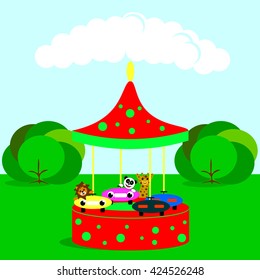 carousel in the park and the lion, panda, giraffe