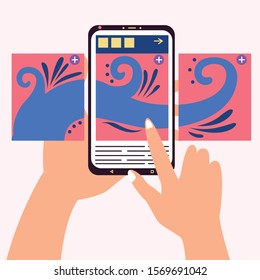 Carousel post in the center of the phone. Hand flips through the posts in the social network on the smartphone screen. Vector editable illustration