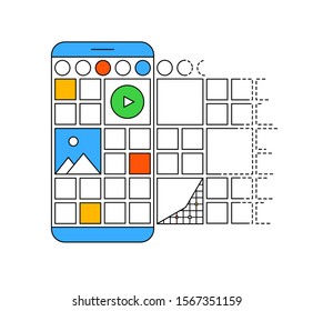 Carousel post in modern outline style. Smartphone with carousel tile preview post and stories for social network, landing page design or application. Social media design concept on a white background.