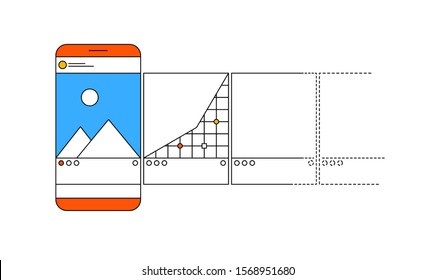 Carousel post in modern outline style. Smartphone with carousel interface post for social network, landing page design or application. Social media design concept on a white background.