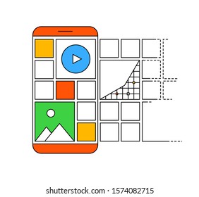 Carousel post in modern outline style. Smartphone with carousel tile preview posts for social network, landing page design or application. Social media design concept on a white background.