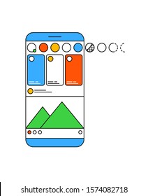 Carousel post in modern outline style. Smartphone with carousel interface post, stories and plots for social network, landing page design or application. Design concept on a white background.