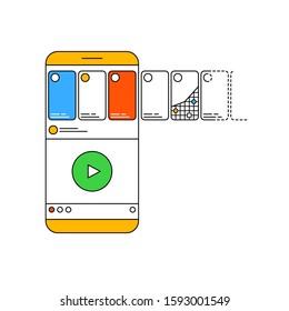 Carousel post in modern outline style. Smartphone with carousel interface post and plots for social network, landing page design or application. Social media design concept on a white background.