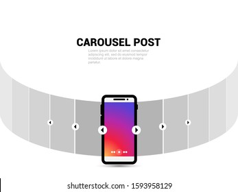 Carousel post in Social network. Smartphone with carousel interface post on social network. 
