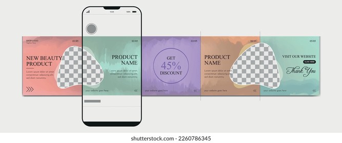 Carousel post template. Beauty products instagram microblog carousel post. Editable social media carousel post for botanic business