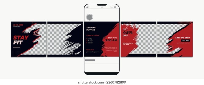 Carousel post template. Gym instagram microblog carousel post. Editable social media carousel post for fitness center.	