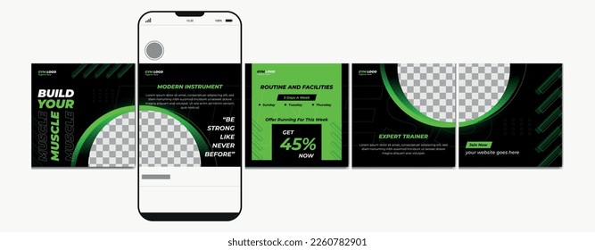 Carousel post template. Gym instagram microblog carousel post. Editable social media carousel post for fitness center.	