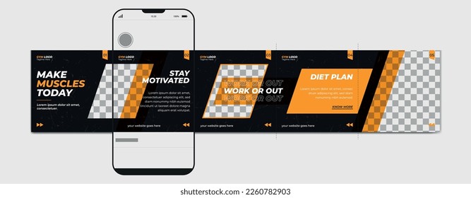 Carousel post template. Gym instagram microblog carousel post. Editable social media carousel post for fitness center.	