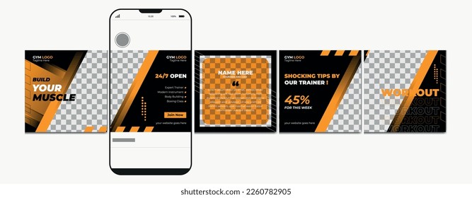 Carousel post template. Gym instagram microblog carousel post. Editable social media carousel post for fitness center.	