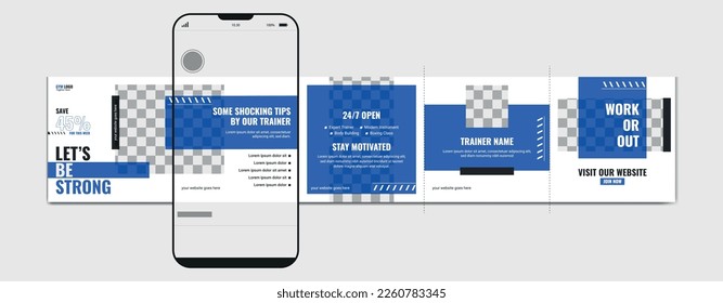 Carousel post template. Gym instagram microblog carousel post. Editable social media carousel post for fitness center.	