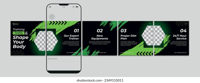 Carousel post template. Gym microblog carousel post. Editable social media carousel post for fitness center.	