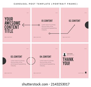 Carousel post template for social media. Microblog style, portrait frame, modern simple minimalist style with faded pink and dark grey color theme.