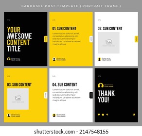 Carousel post template for social media. Microblog style, six page, portrait frame, modern simple minimalist style with black, yellow and white color theme.