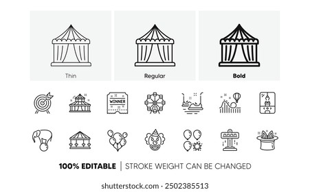 Karussell, Achterbahn und Circus. Icons für Freizeitpark-Linien. Lineare Clown-Ikone. Zeilensymbole eingestellt. Vektorgrafik