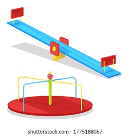 Carousel and seesaw for children to have fun and merriment. Riding merry go round on playground kids enjoying their childhood in vector illustration