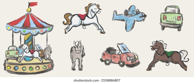 Carousel and set of toys. Doodle, hand draw with texture. Vector, isolated. Horse, cars and plane. Funny, light and colorful.