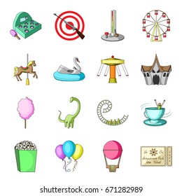 Carousel, shooting range, slides, cotton wool and other attributes.Amusement Park set collection icons in cartoon style vector symbol stock illustration web.