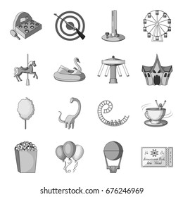 Carousel, shooting range, slides, cotton wool and other attributes.Amusement Park set collection icons in monochrome style vector symbol stock illustration web.