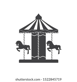 Carousel silhouette icon with horses and ponies in an amusement park, merry go round. Concept of children entertainment and childhood, isolated vector line illustration.