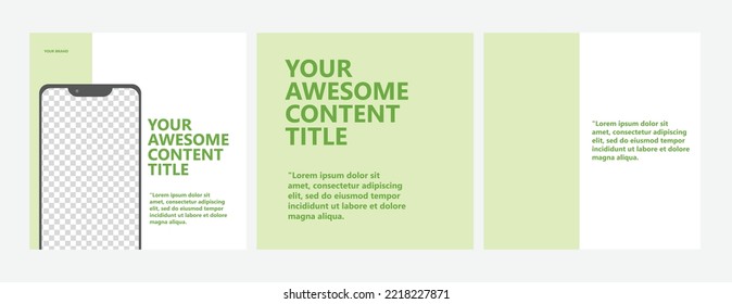 Carousel social media post vector template using pastel green color. Three pages microblog style post featured by image space with phone screen as a frame.