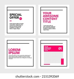 Carousel template for social media. Four pages white and magenta colored microblog style post. Suitable for internet advertising and online commercial.