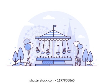 Carousel - thin line design style vector illustration on white background. High quality purple colored composition with a merry go round, people walking, big wheel silhouette. Funfair, leisure concept