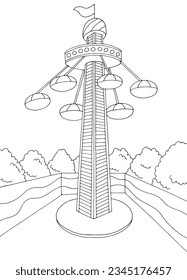 Parque de atracciones Carousel tower paisaje gráfico de dibujo negro gráfico de dibujos en blanco vector 