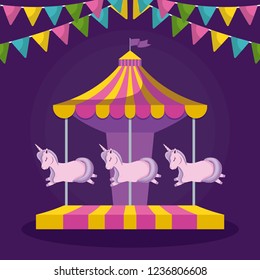 carousel with unicorns and garlands hanging