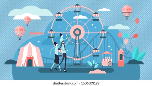 Carousel vector illustration. Flat tiny amusement park family persons concept. Parents and children together in holiday and entertainment place for quality time spending. Fun roller coaster activity.