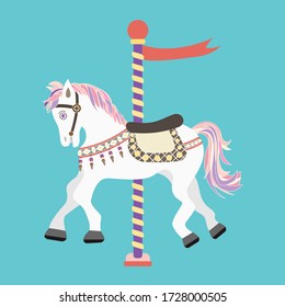 carousel white horse icon cute. flat design cartoon concept. Vintage theme park style. vector, illlustation