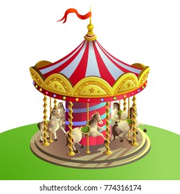 Carousel with white  horses.  Vector illustration.